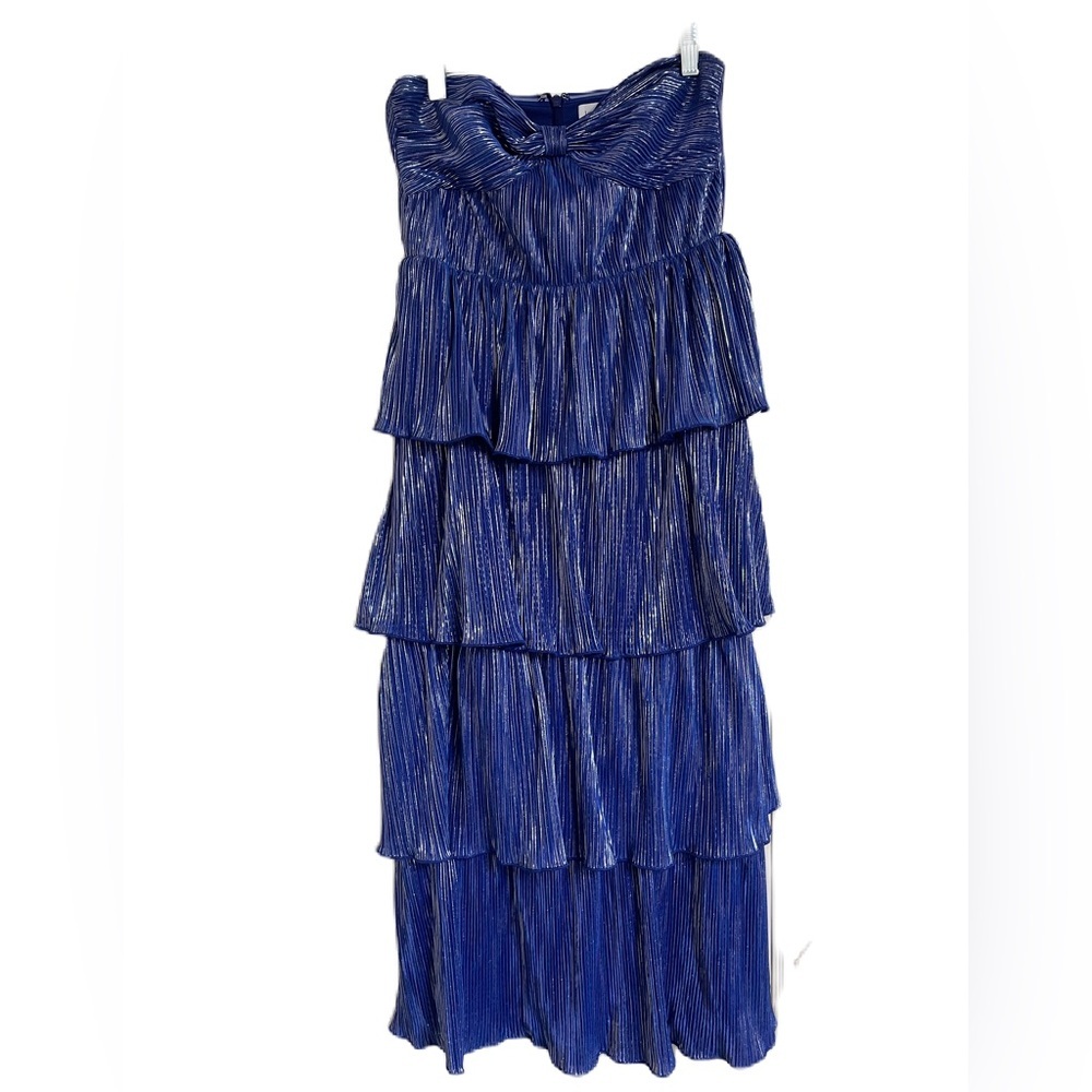 LOVERS + FRIENDS Mya Strapless Tiered Midi Dress Blue Metallic | Wedding Guest - Picture 3 of 11